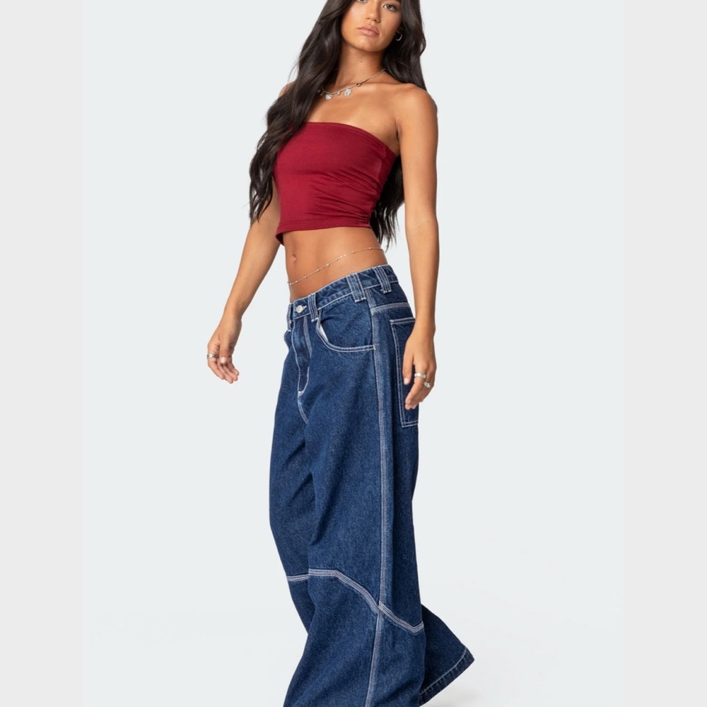 Edikted Dark Blue Wide Leg Flare Jeans - Picture 4 of 13